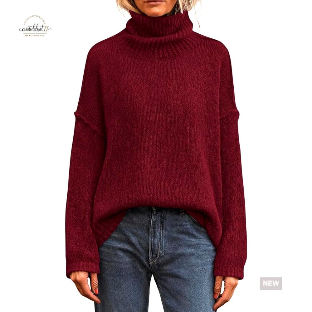 Oversized Turtleneck Pullover Sweater, Loose Fit, Long Sleeve, Knit Fabric